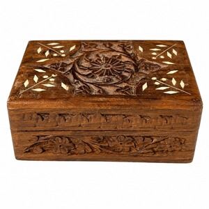 Vintage Hand Carved Wood Jewelry Box India Floral Inlay Trinket Blue Lined